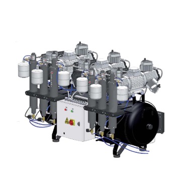 Cattani 300-714 - безмасляный стоматологический компрессор для 12-ти стоматологических установок, с 3 трехцилиндровыми двигателями, c 3 осушителями, с ресивером 300 л, 714 л/мин